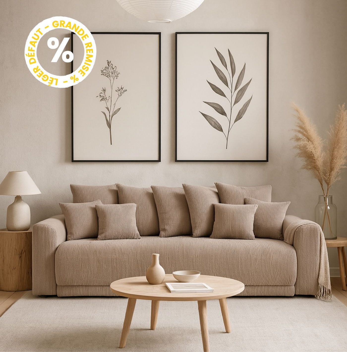 Canapé CHLOE convertible 3 places en velours côtelé taupe avec coffre Drawer