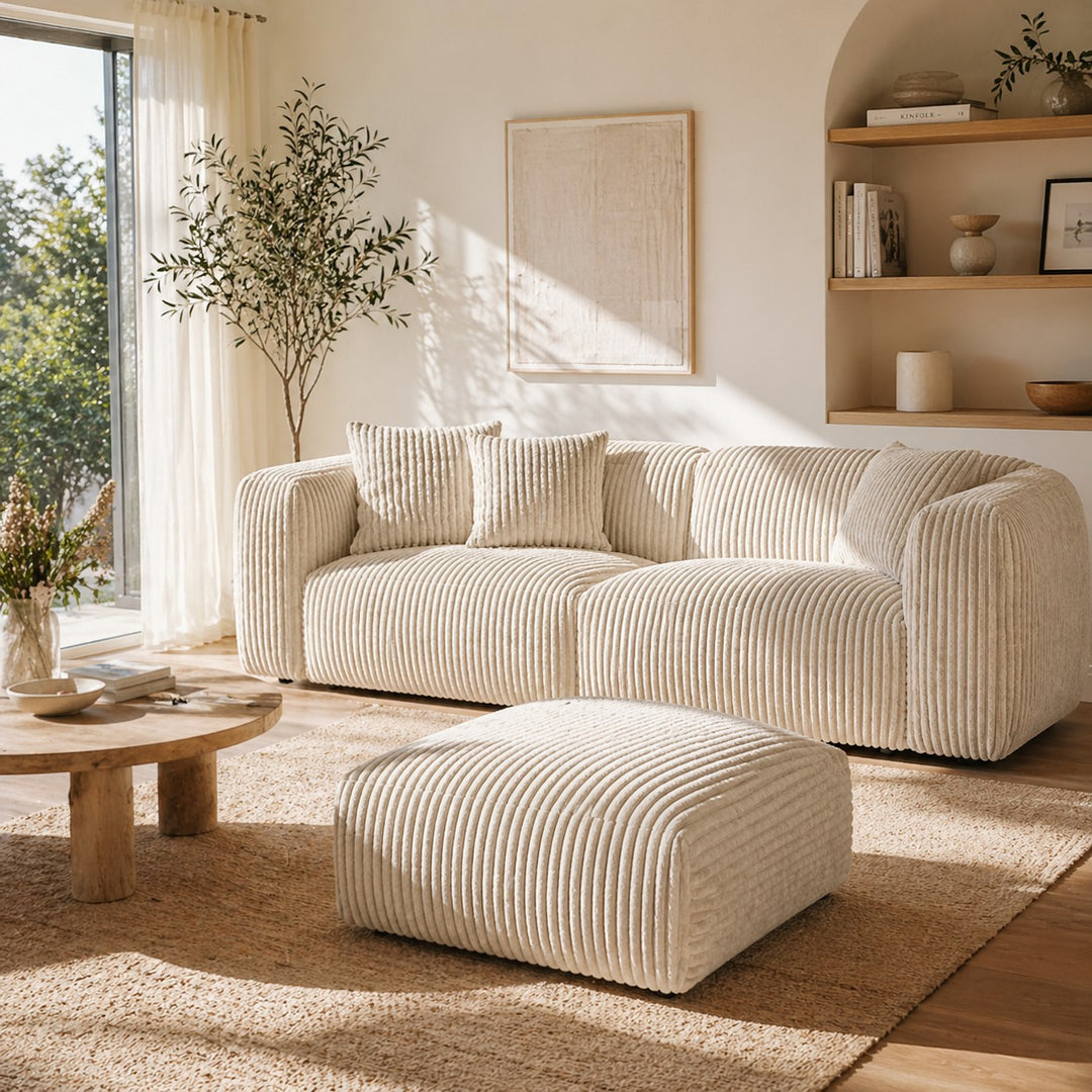 Canapé et pouf MICADONI Martina 3 places en velours côtelé beige clair