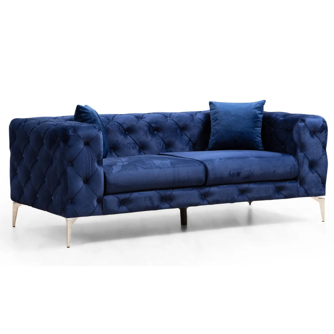 Canapé LES TENDANCES Herakles 2 places capitonné en velours bleu marine et pieds chromés 197 cm