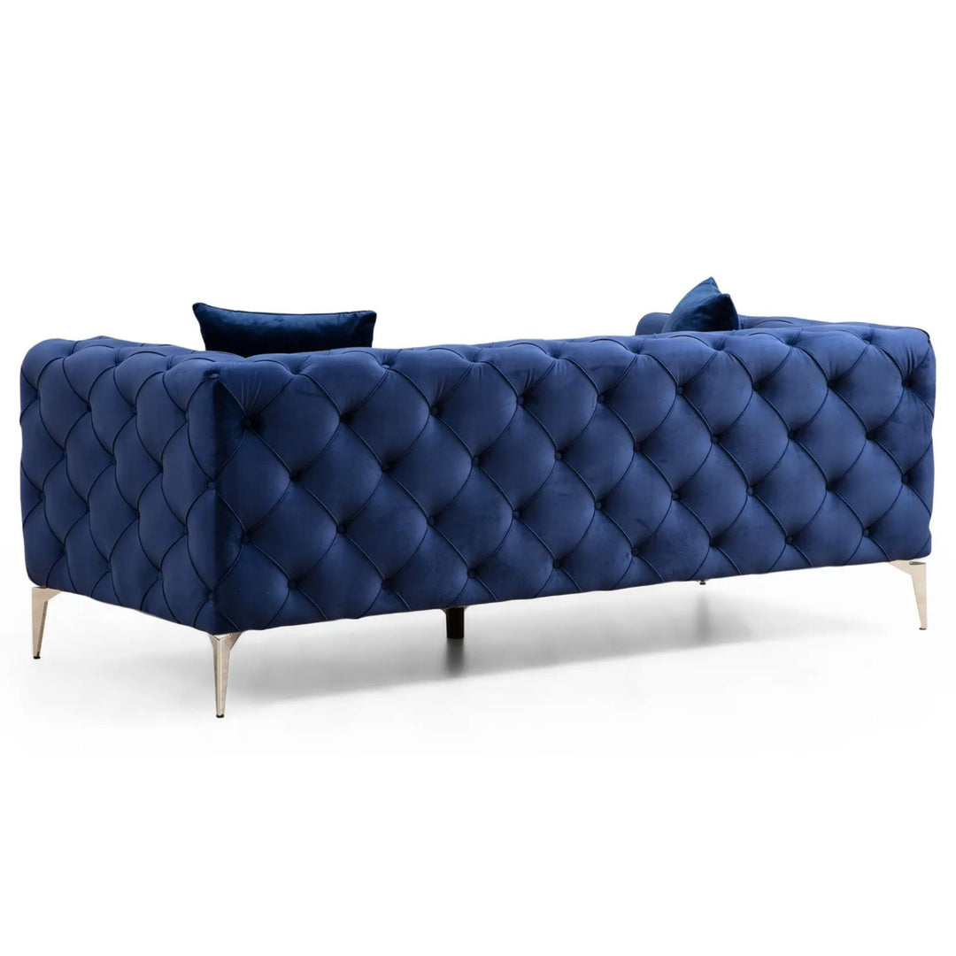 Canapé LES TENDANCES Herakles 2 places capitonné en velours bleu marine et pieds chromés 197 cm