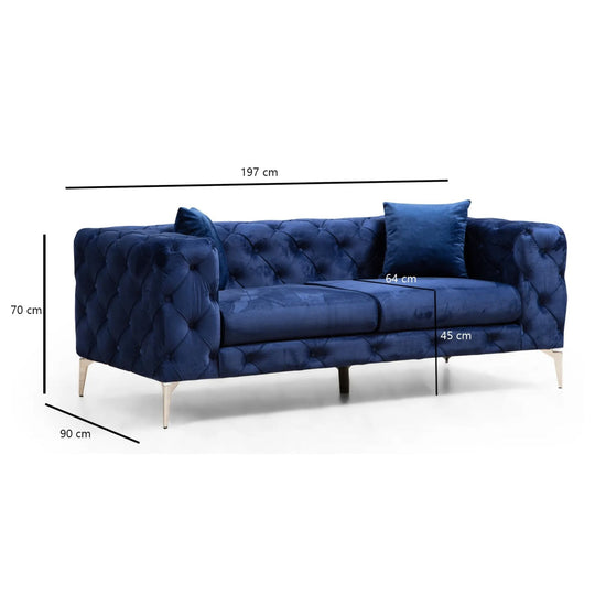 Canapé LES TENDANCES Herakles 2 places capitonné en velours bleu marine et pieds chromés 197 cm