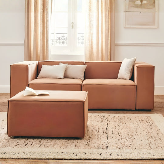 Canapé modulable KIPLI Aria 3 places avec pouf en tisssu caramel