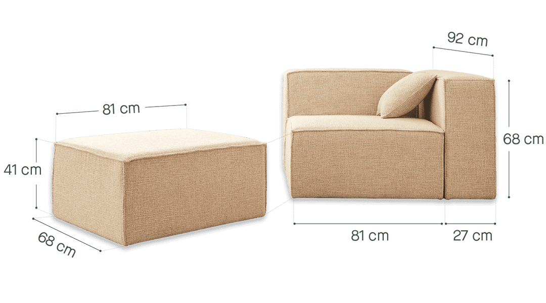 Canapé modulable KIPLI Aria 3 places avec pouf en tisssu caramel