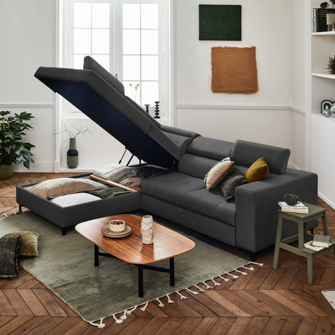 Canapé convertible d'angle gauche BEST MOBILIER Olinda 5 places avec coffre et têtières réglables en tissu gris foncé
