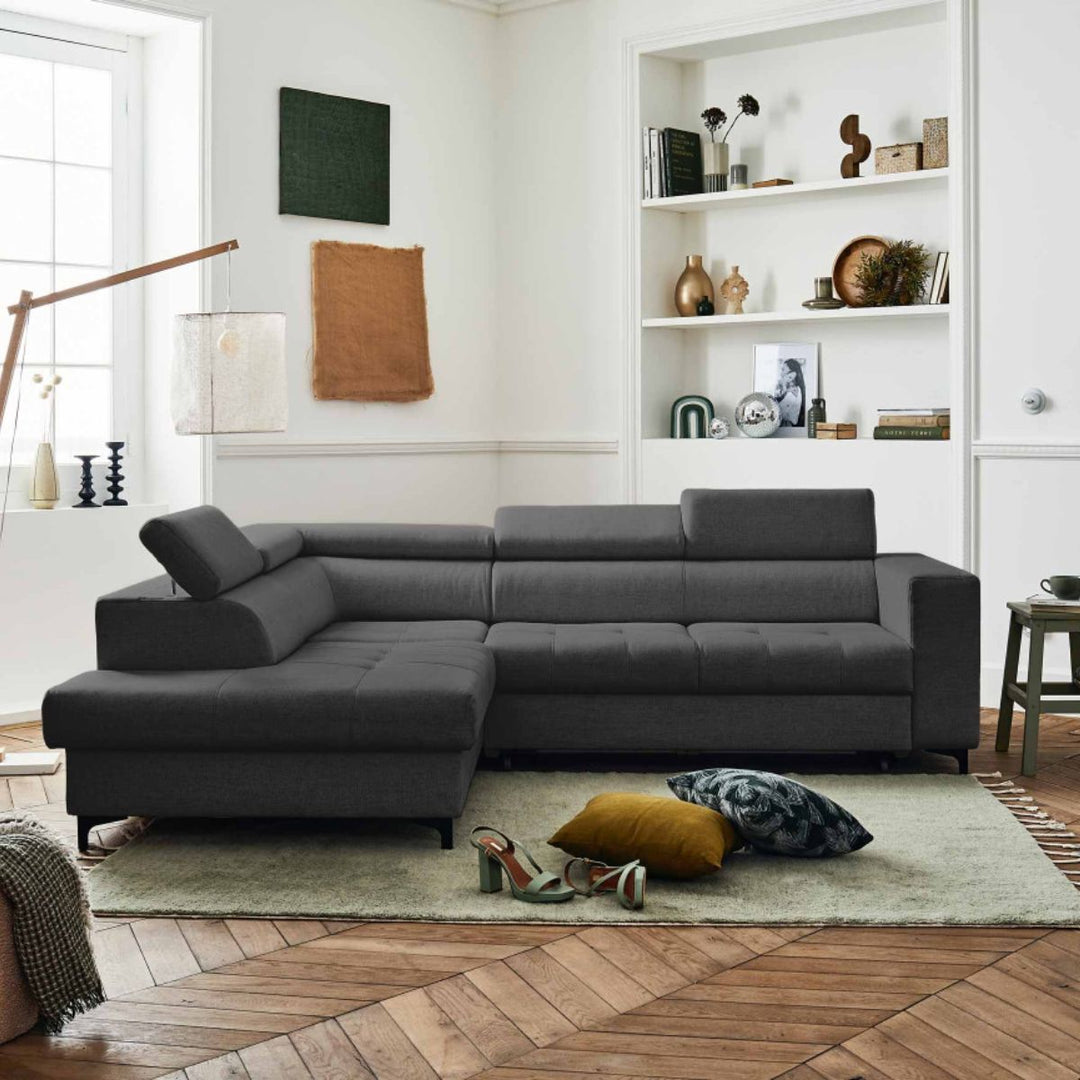 Canapé convertible d'angle gauche BEST MOBILIER Olinda 5 places avec coffre et têtières réglables en tissu gris foncé