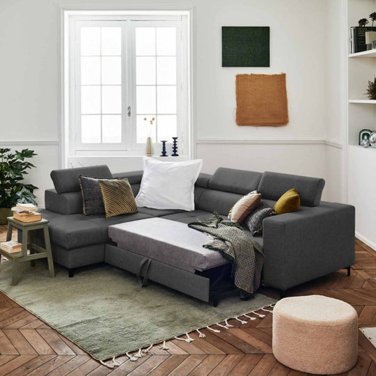 Canapé convertible d'angle gauche BEST MOBILIER Olinda 5 places avec coffre et têtières réglables en tissu gris foncé