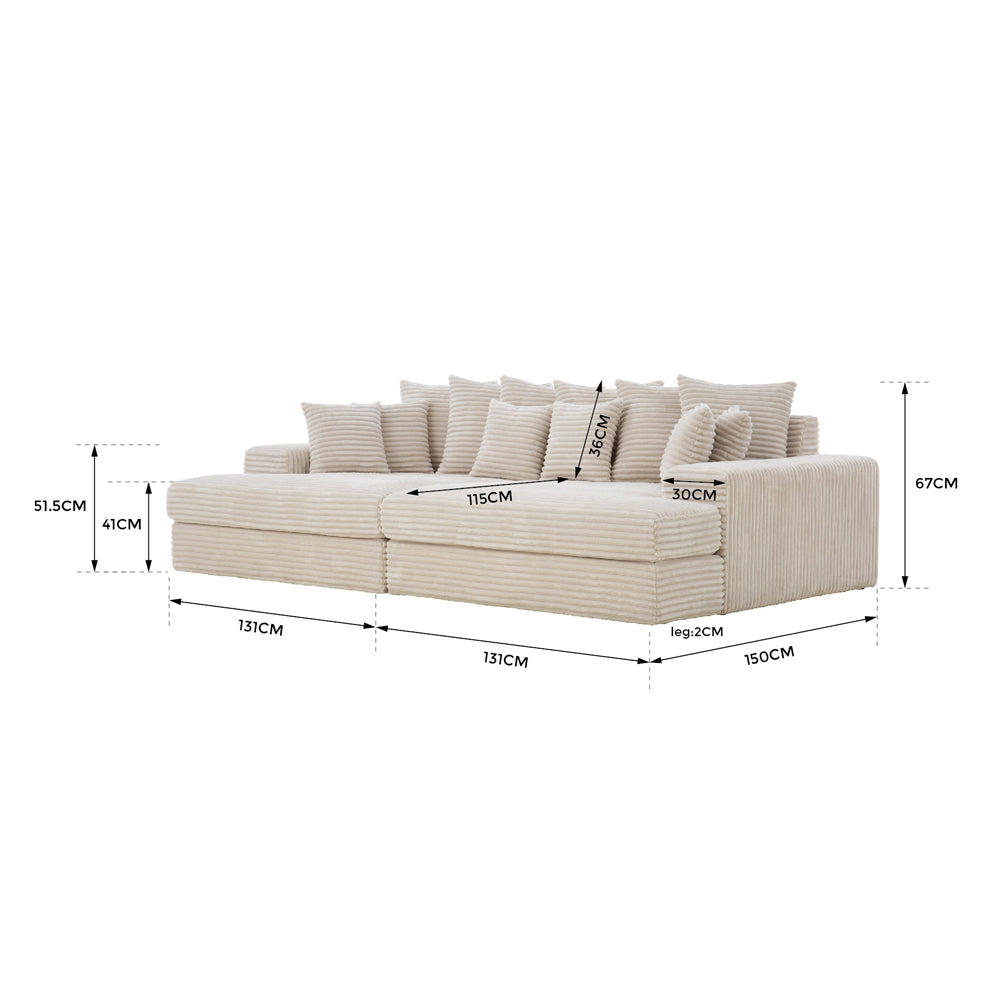 Canapé 4 places assise profonde en velours côtelé beige Cardiff dimensions