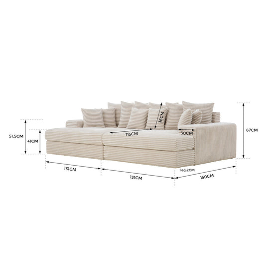 Canapé 4 places assise profonde en velours côtelé beige Cardiff dimensions