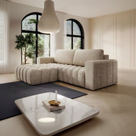 Canapé angle gauche BOZEN convertible coffre velours beige — photo produit