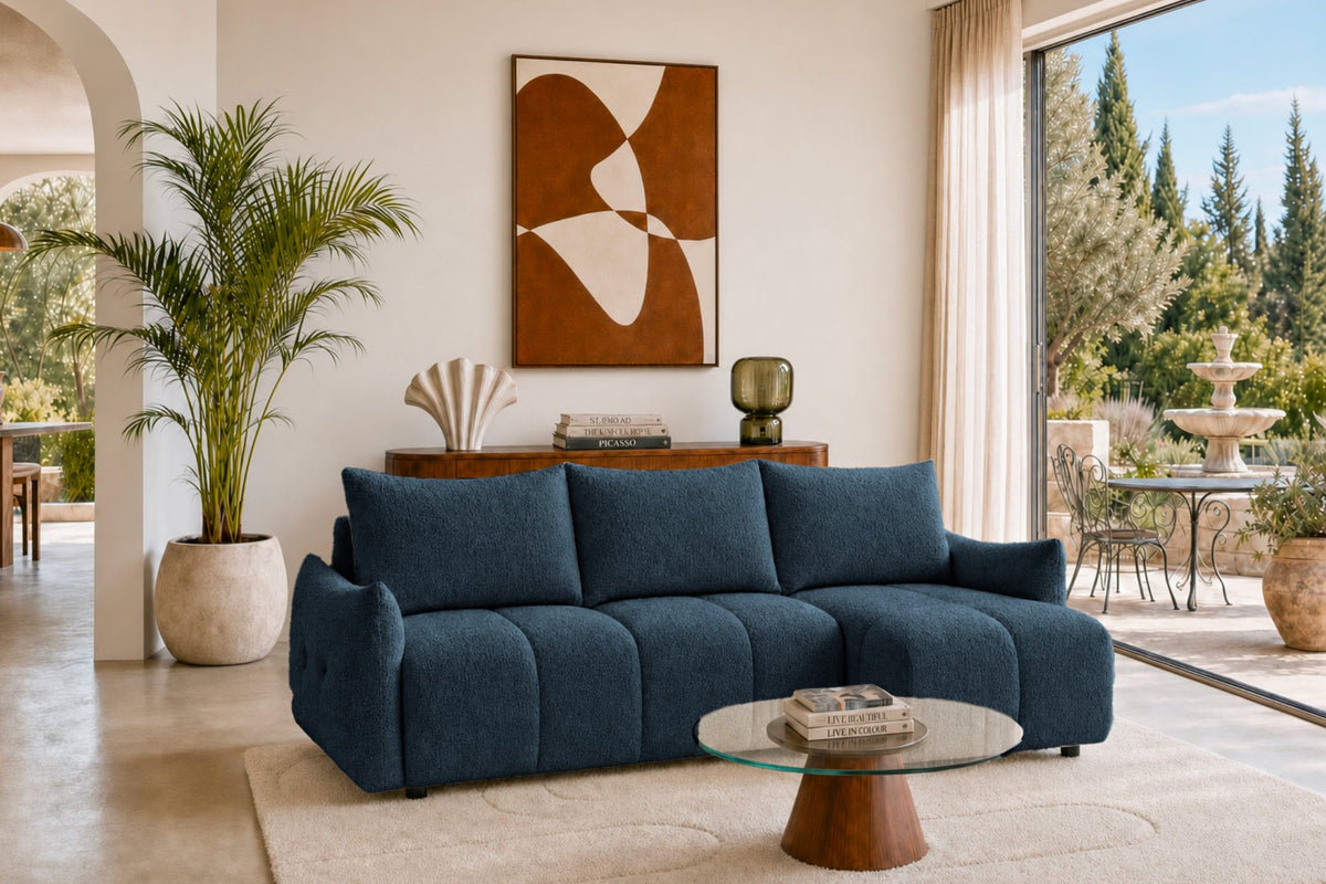 Canapé d'angle réversible CASNOVA Céline 4 places en tissu chenille bleu — photo produit
