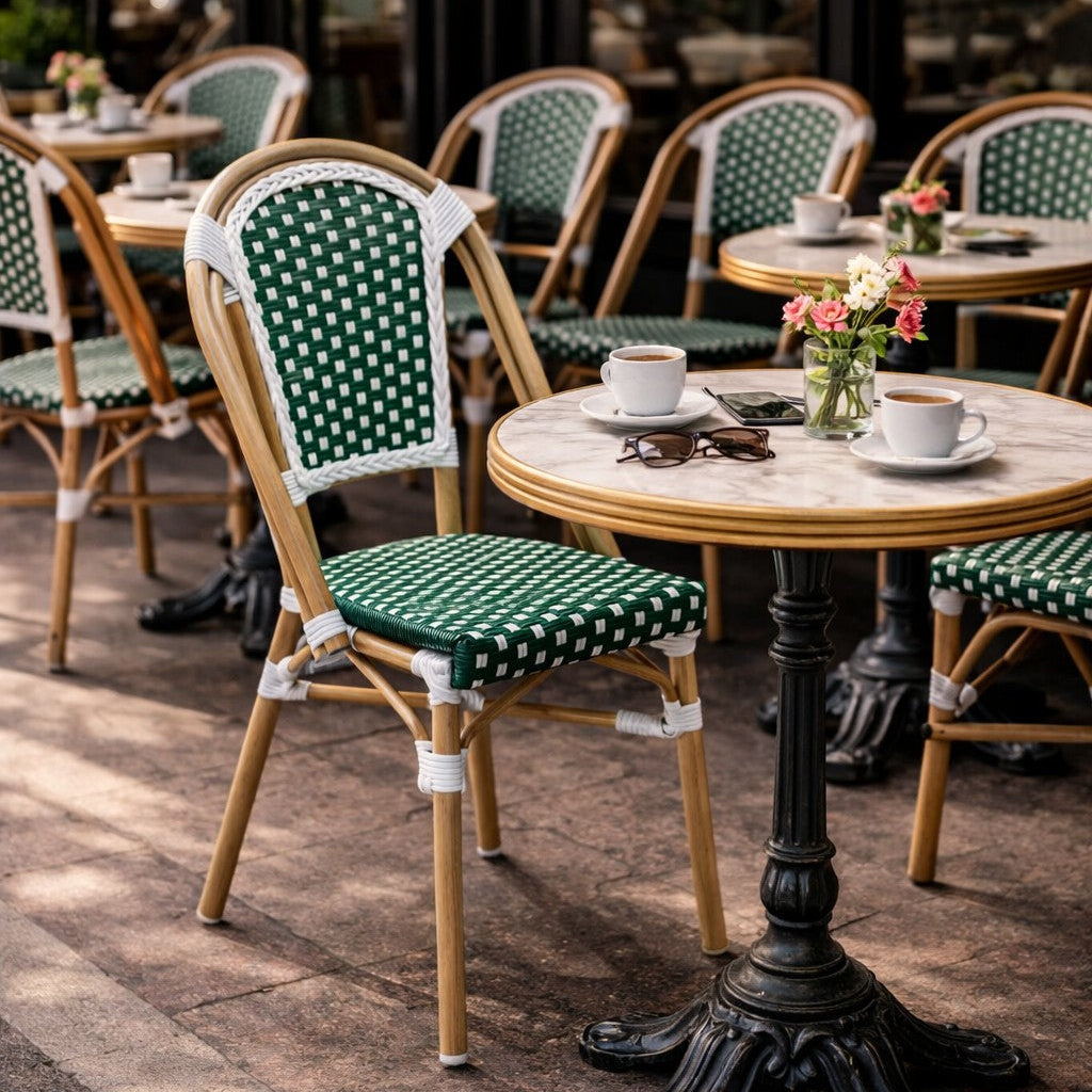 Lot de 4 chaises de jardin bistrot parisien en aluminium et rotin synthétique BELLEVILLE vert et Blanc