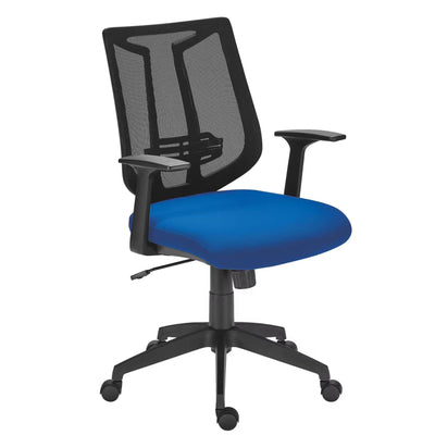 Chaise de bureau BRUNEAU Tiloa tissu bleu, maille et pieds noirs avec dossier bas, accoudoirs et mécanisme Synchrone
