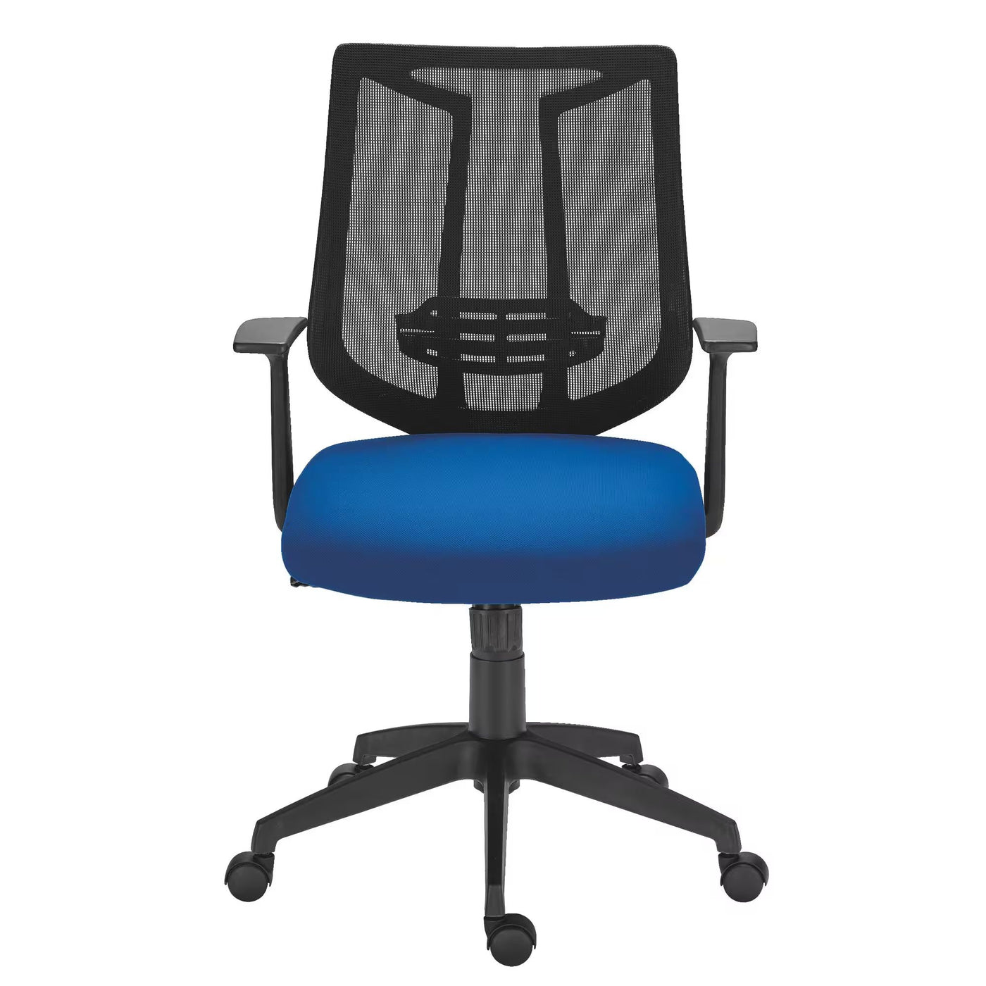 Chaise de bureau BRUNEAU Tiloa tissu bleu, maille et pieds noirs avec dossier bas, accoudoirs et mécanisme Synchrone