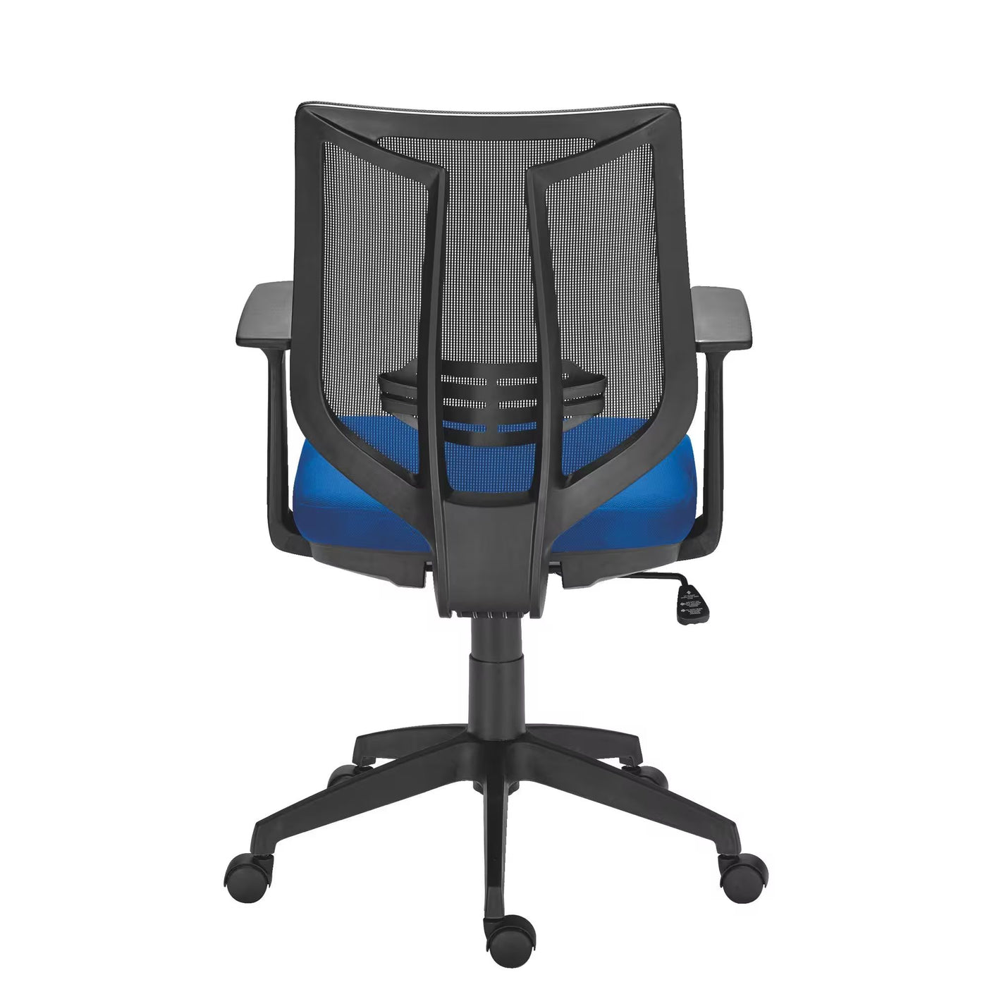 Chaise de bureau BRUNEAU Tiloa tissu bleu, maille et pieds noirs avec dossier bas, accoudoirs et mécanisme Synchrone