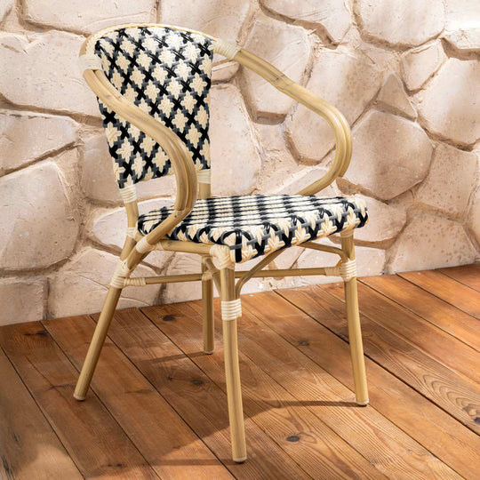 Lot de 4 chaises de jardin bistrot parisien MADELEINE en aluminium et rotin synthétique avec accoudoirs, motif en croix