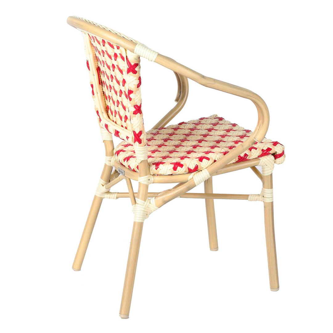 Lot de 4 chaises de jardin bistrot parisien MADELEINE en aluminium et rotin synthétique avec accoudoirs, motif en croix rouge