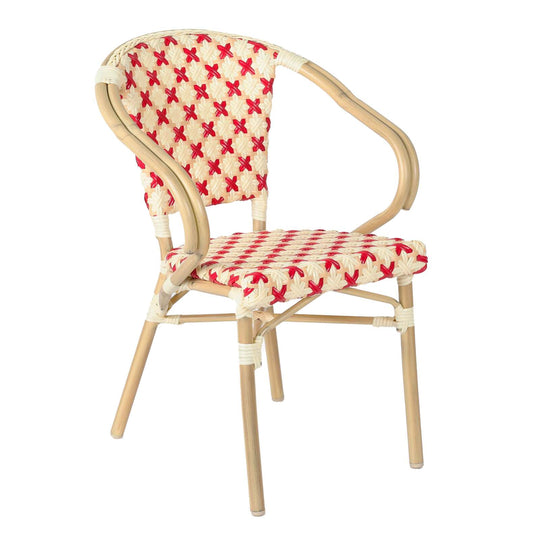 Lot de 4 chaises de jardin bistrot parisien MADELEINE en aluminium et rotin synthétique avec accoudoirs, motif en croix rouge