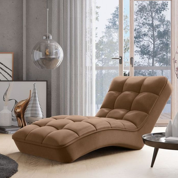 Chaise longue LES TENDANCES Rikal velours capitonné beige — photo produit