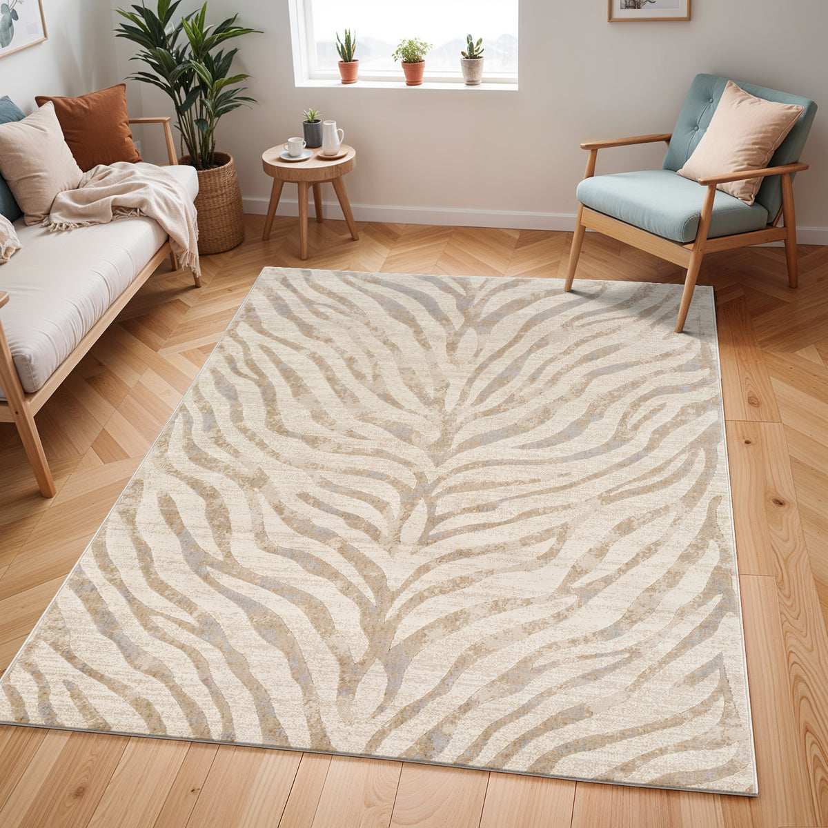 Tapis SURYA Luanda bohème, motif zébré beige et taupe sur fond crème, vue 14