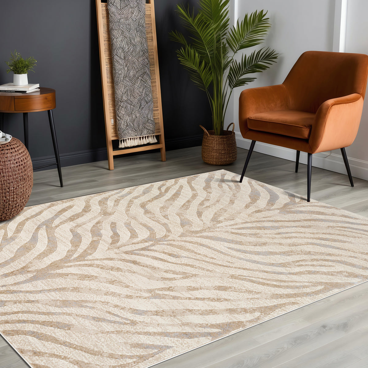 Tapis SURYA Luanda bohème, motif zébré beige et taupe sur fond crème, vue 11