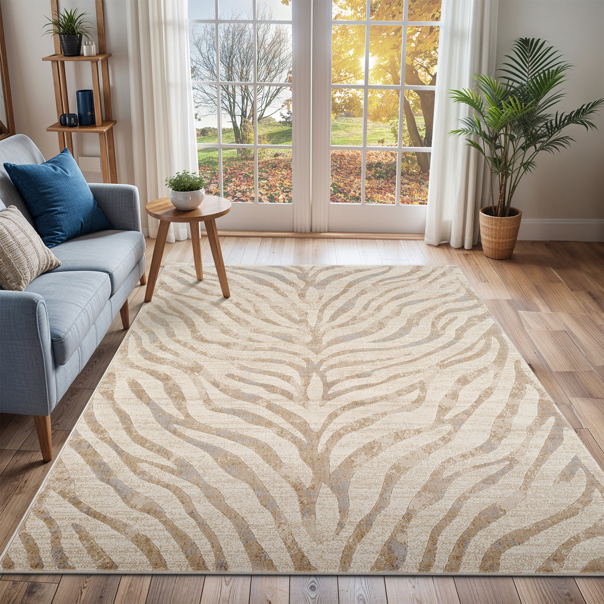Tapis SURYA Luanda bohème, motif zébré beige et taupe sur fond crème, vue 9