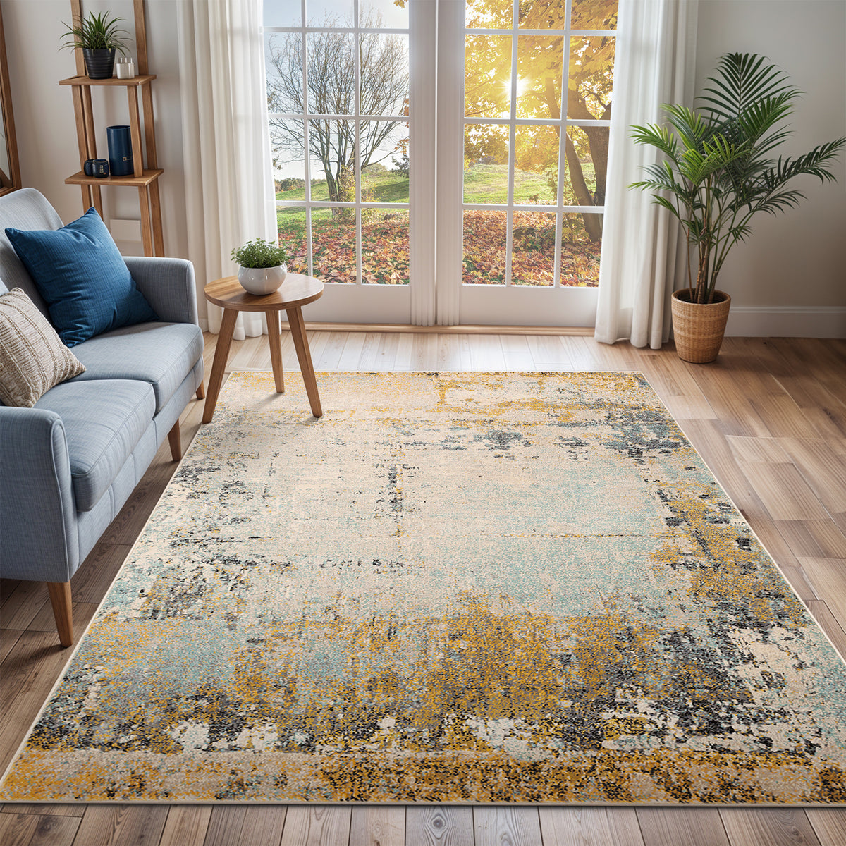 Tapis SURYA Bellatrix moderne, motif abstrait patiné beige, moutarde et bleu ciel, vue 8