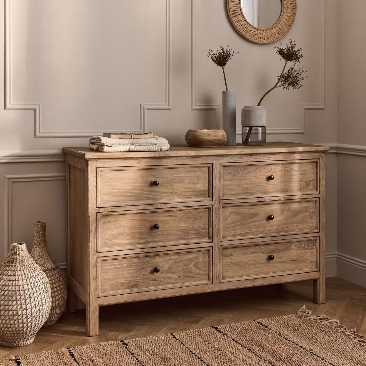 Commode ALINEA 6 tiroirs en bois d'orme et de pin - bois clair