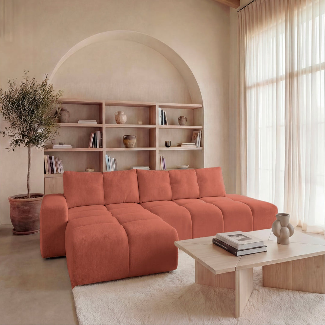 Canapé d'angle droit convertible CASANOVA Constance en tissu chenille terracotta — photo produit