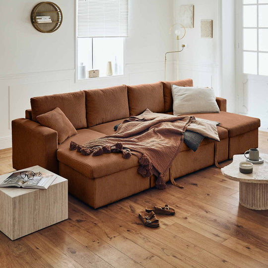 Canapé BEST MOBILIER Cyrus 7 places panoramique velours côtelé Terracotta