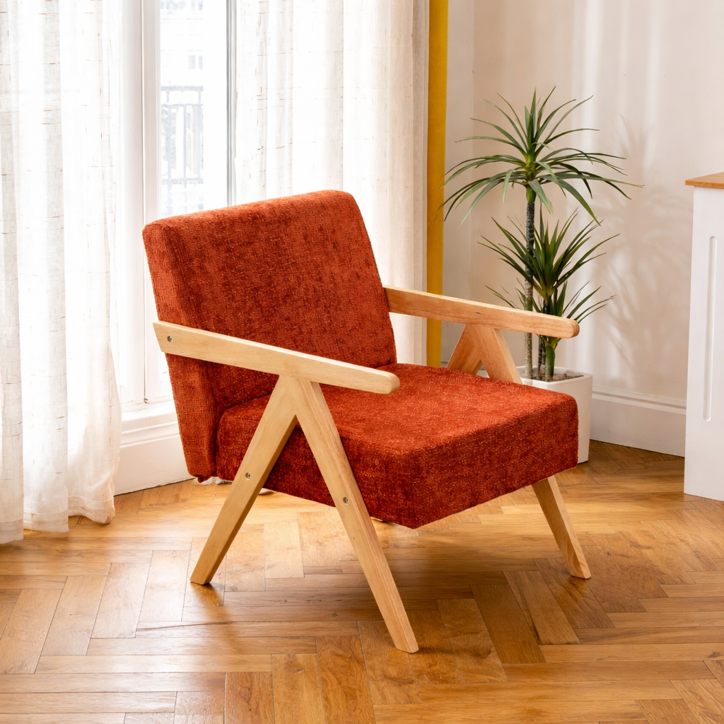 Fauteuil de salon Nordlys en bois massif et tissu terracotta SANTAREM