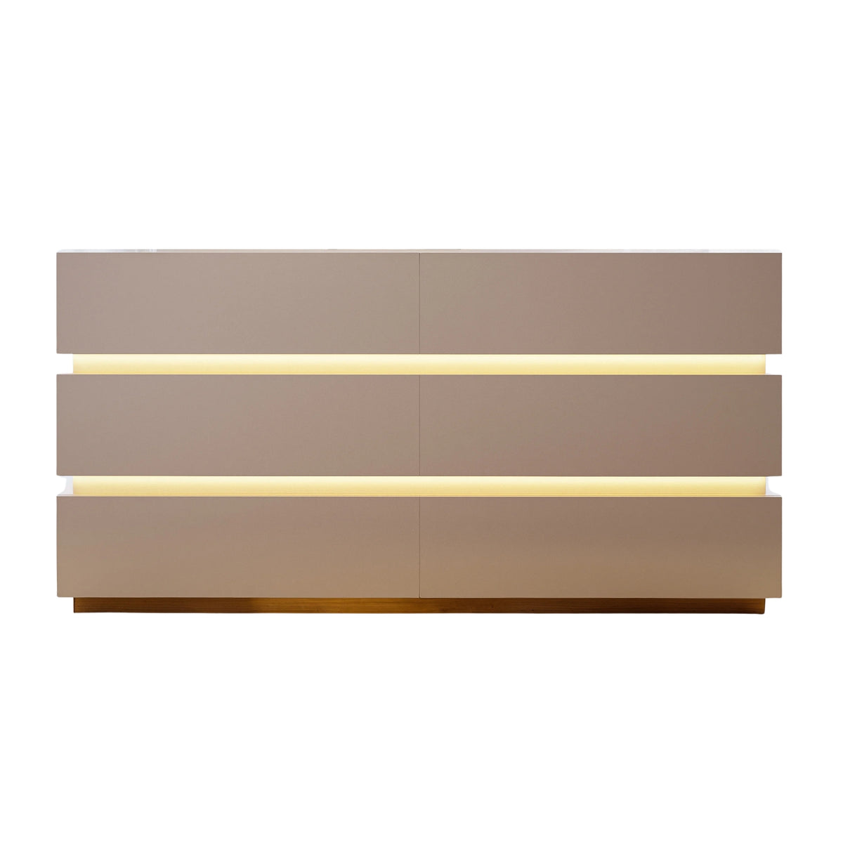 Commode HOMARY Lumio 150 cm blanche avec LED, 6 tiroirs et station de charge — photo produit