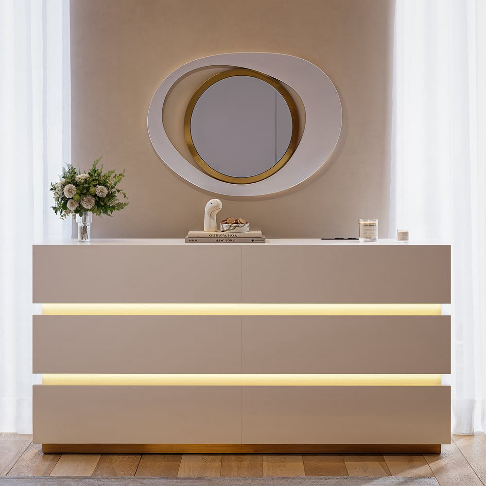 Commode HOMARY Lumio 150 cm blanche avec LED, 6 tiroirs et station de charge — photo produit