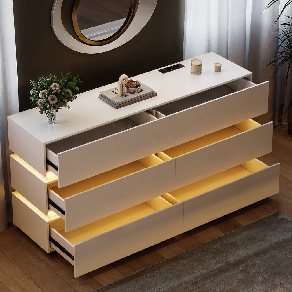 Commode HOMARY Lumio 150 cm blanche avec LED, 6 tiroirs et station de charge — photo produit