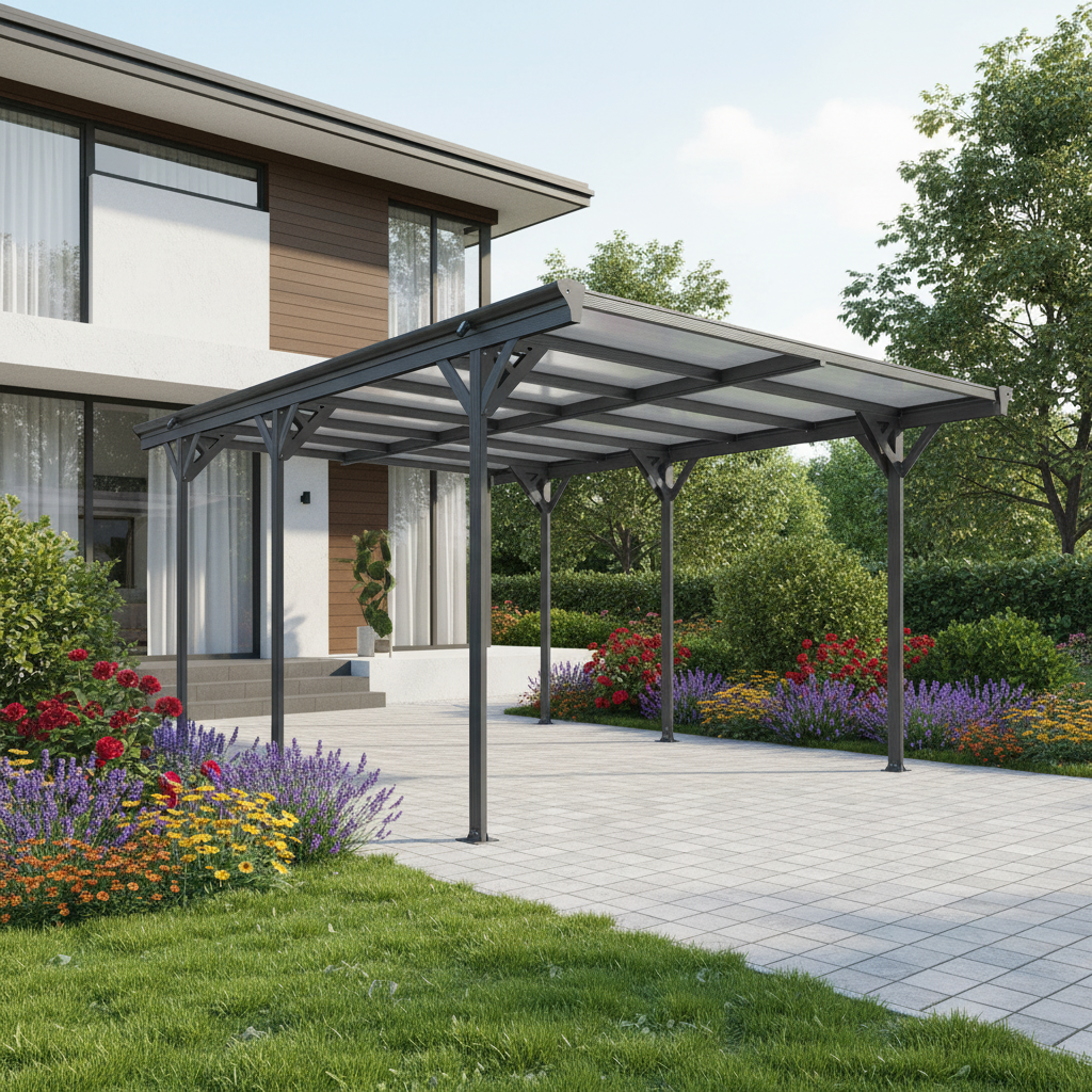 Carport JUSKYS toit plat 5x3m en aluminium gris anthracite