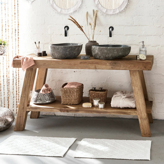 Meuble double vasque LOBERON teck et pierre naturelle