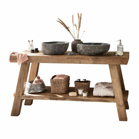 Meuble double vasque LOBERON teck et pierre naturelle