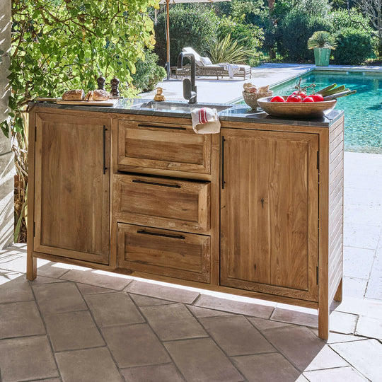 Meuble évier d'extérieur LOBERON en teck et marbre