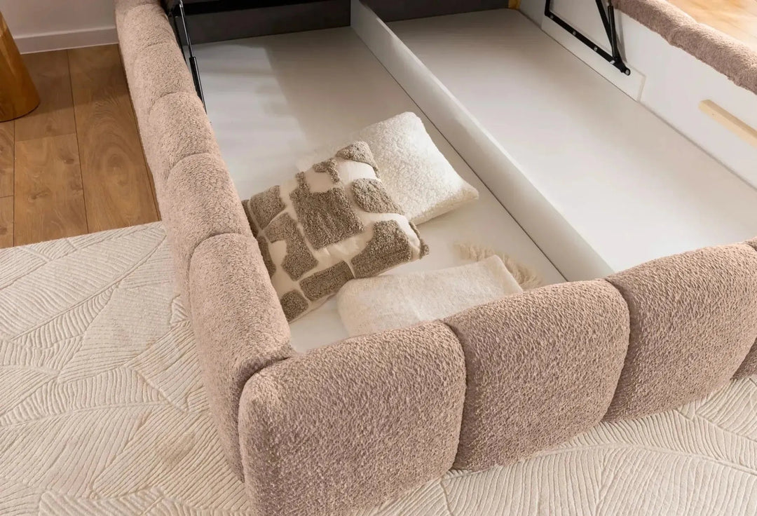 Lit coffre CASANOVA Elise en tissu bouclette rose 140x200cm — photo produit