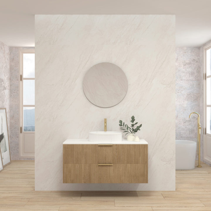 Ensemble de meubles de salle de bains EMENE RAFFINÉ Alcatraz 120 cm avec vasque cannelée et miroir rond
