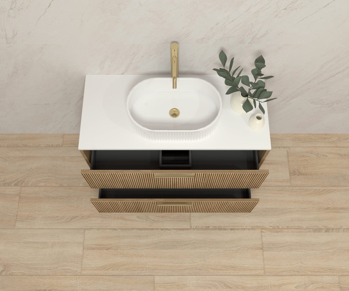 Ensemble de meubles de salle de bains EMENE RAFFINÉ Alcatraz 120 cm avec vasque cannelée et miroir rond — photo produit