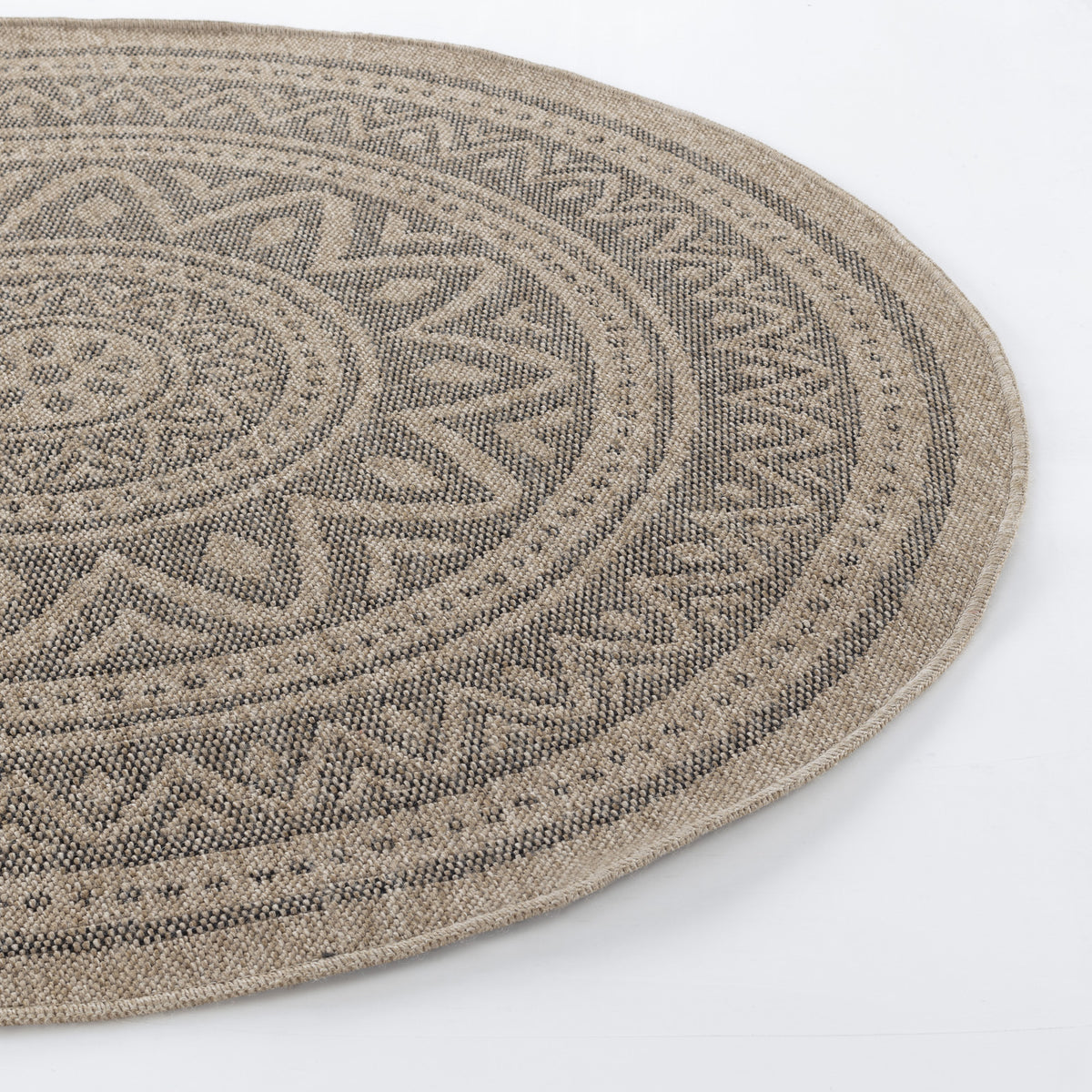 Tapis rond SURYA Lee extérieur, motif rosace aspect jute beige et noir, vue 6