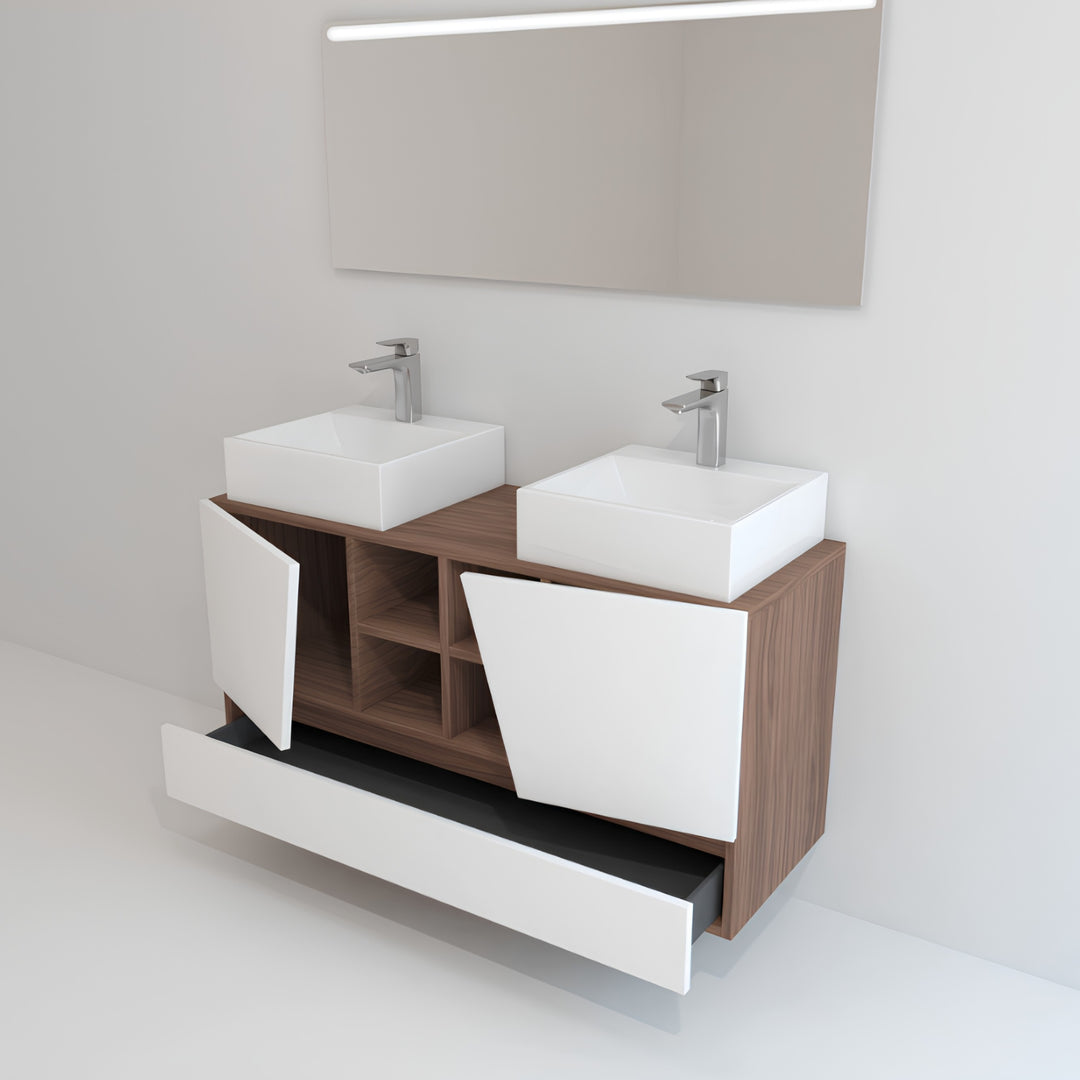 Ensemble de meubles de salle de bain MAPAU Rennes plus noyer Canaletto, 120 cm + double vasque + miroir LED