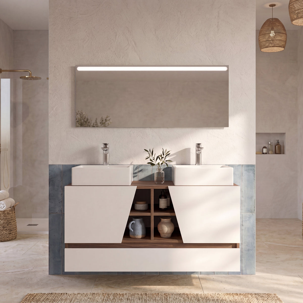 Ensemble de meubles de salle de bain MAPAU Rennes plus noyer Canaletto, 120 cm + double vasque + miroir LED — photo produit