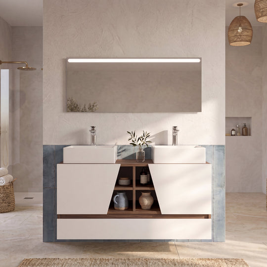 Ensemble de meubles de salle de bain MAPAU Rennes plus noyer Canaletto, 120 cm + double vasque + miroir LED — photo produit