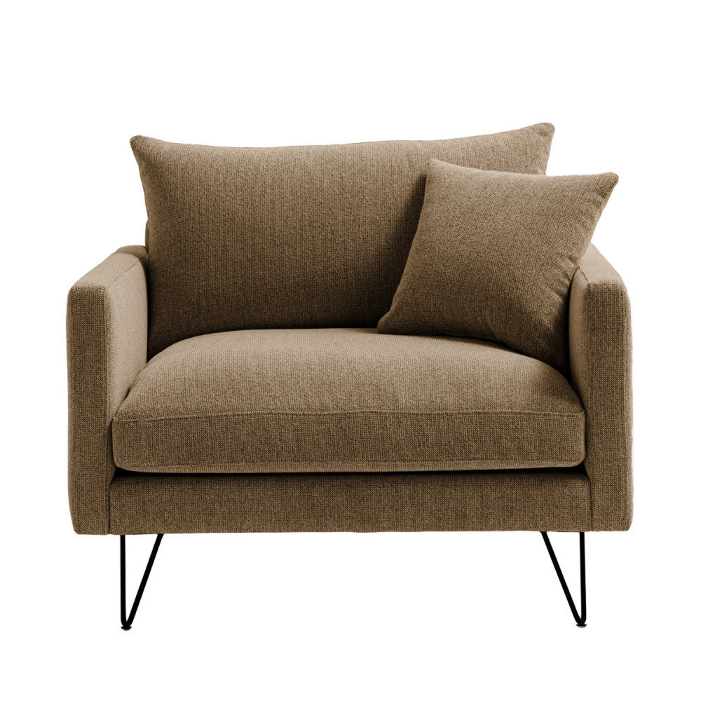 Fauteuil XL DRAWER Villabon en tissu Caramel chiné pieds épingles noirs