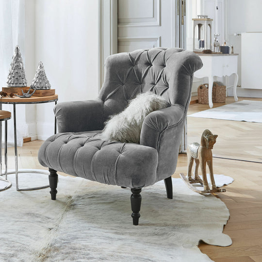 Fauteuil Chesterfield LOBERON Parranquet en velours gris — photo produit