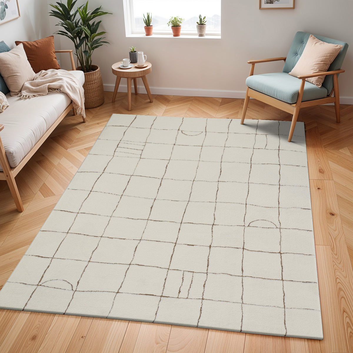Tapis SURYA Inchon scandinave, motif quadrillage terracotta sur fond crème