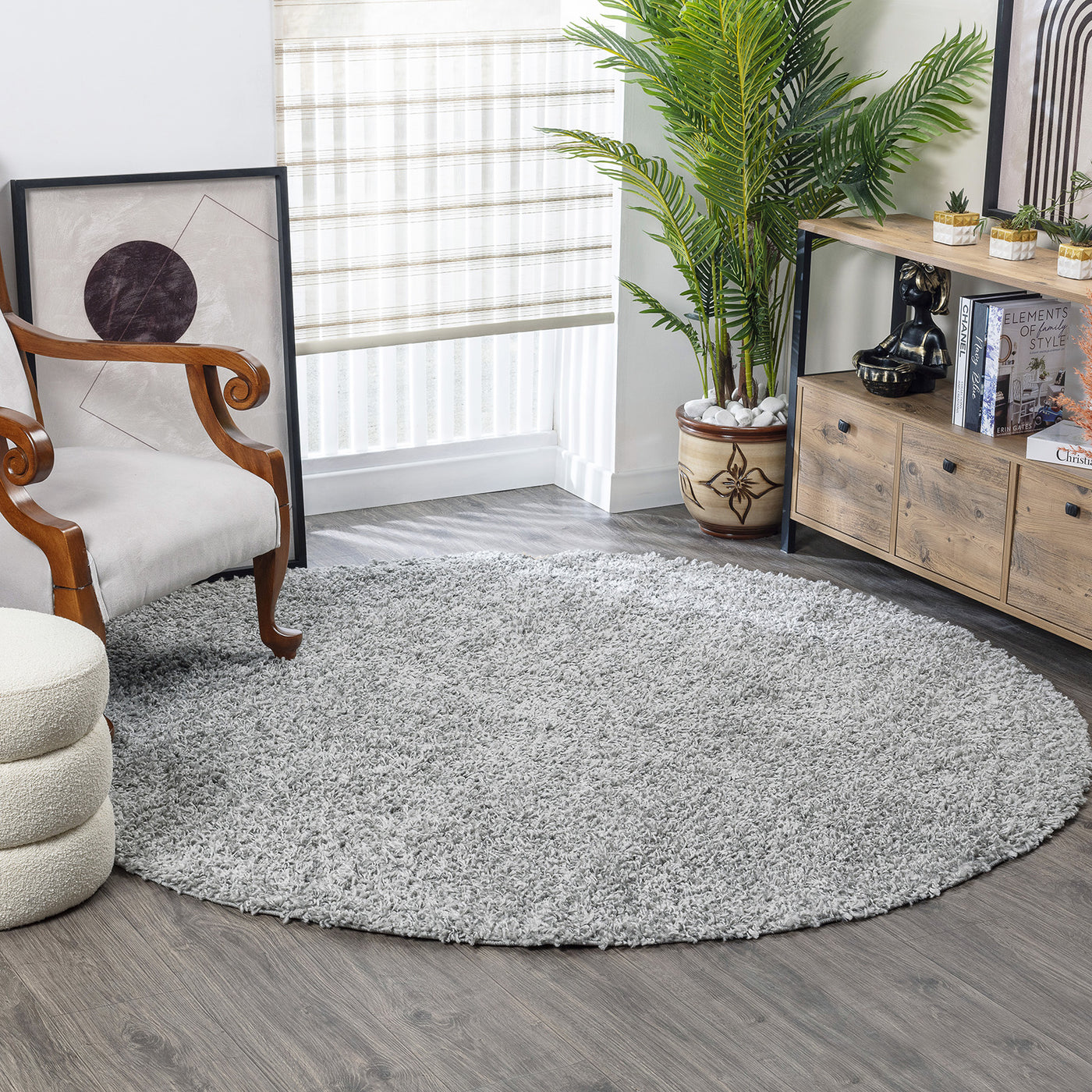 Tapis Rond Shaggy Moderne Gris Rond Boracay
