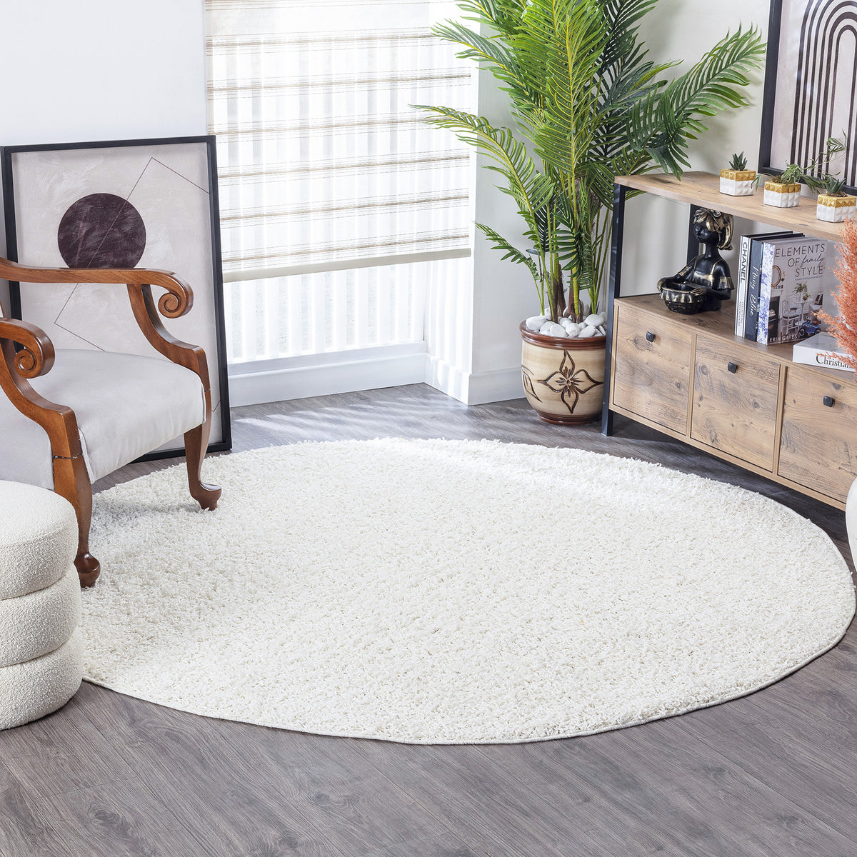 Tapis rond SURYA Boracay shaggy uni, poils longs blancs