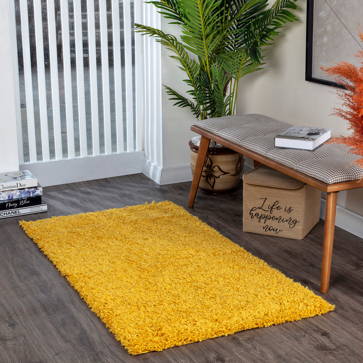 Tapis SURYA Boracay shaggy uni, poils longs jaune moutarde